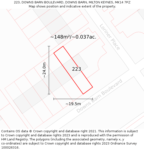 223, DOWNS BARN BOULEVARD, DOWNS BARN, MILTON KEYNES, MK14 7PZ: Plot and title map