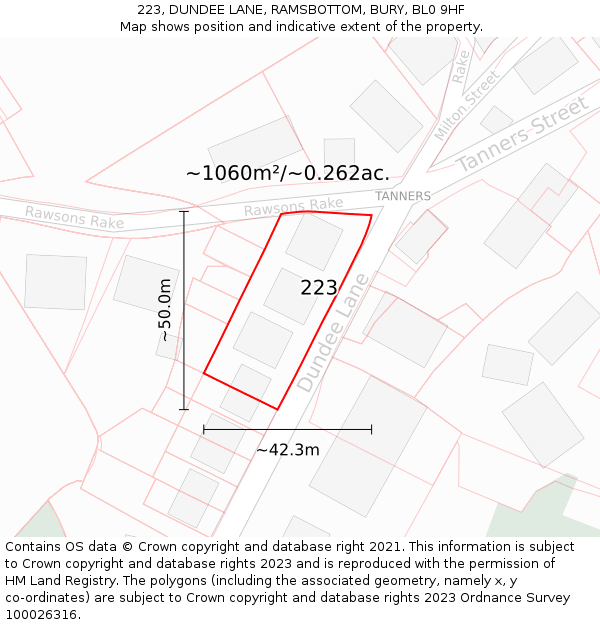 223, DUNDEE LANE, RAMSBOTTOM, BURY, BL0 9HF: Plot and title map