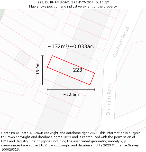 223, DURHAM ROAD, SPENNYMOOR, DL16 6JX: Plot and title map