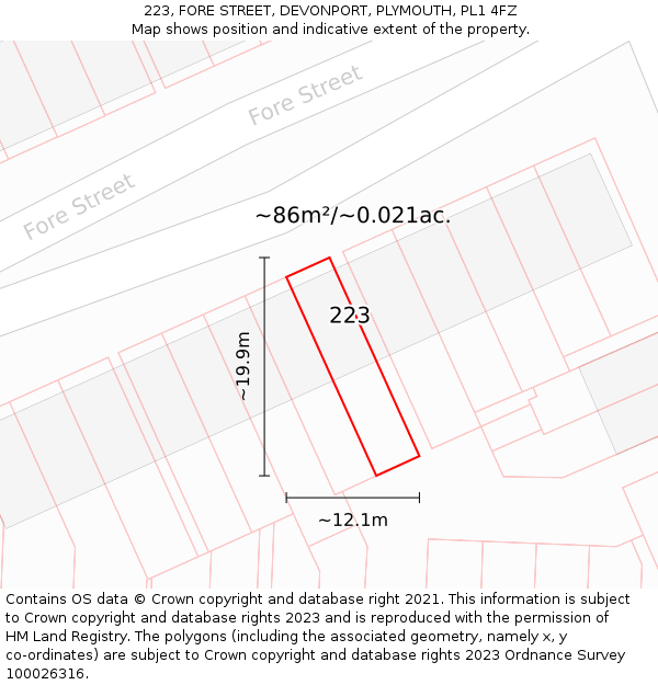 223, FORE STREET, DEVONPORT, PLYMOUTH, PL1 4FZ: Plot and title map