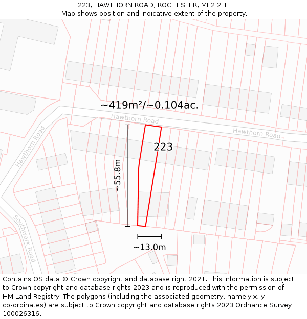 223, HAWTHORN ROAD, ROCHESTER, ME2 2HT: Plot and title map