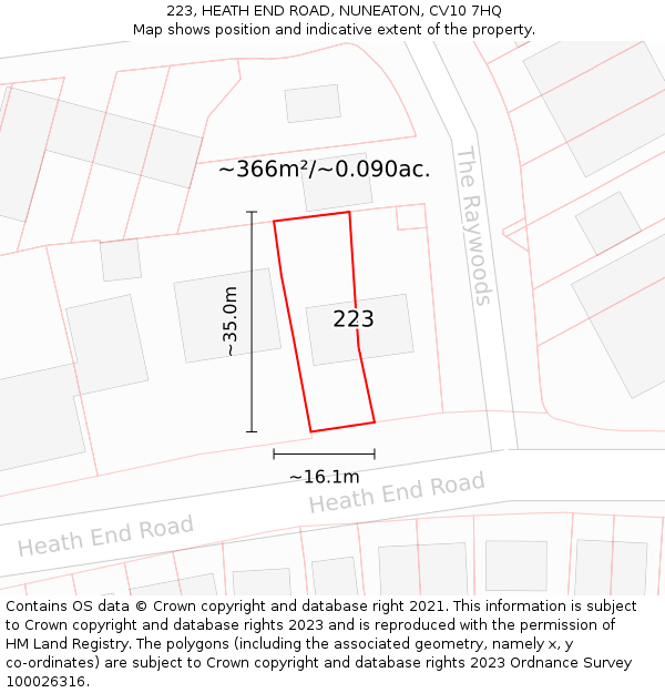 223, HEATH END ROAD, NUNEATON, CV10 7HQ: Plot and title map