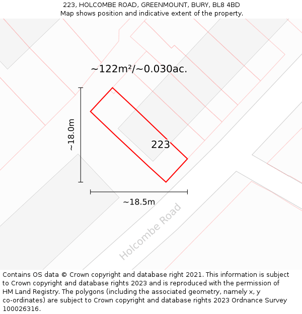 223, HOLCOMBE ROAD, GREENMOUNT, BURY, BL8 4BD: Plot and title map