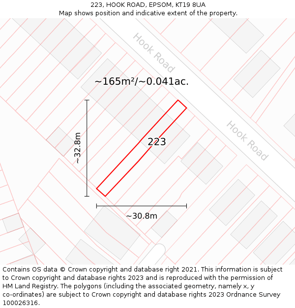 223, HOOK ROAD, EPSOM, KT19 8UA: Plot and title map