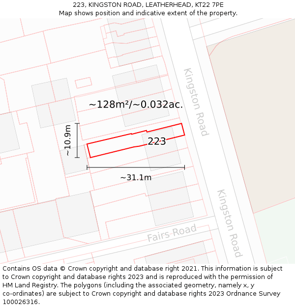 223, KINGSTON ROAD, LEATHERHEAD, KT22 7PE: Plot and title map