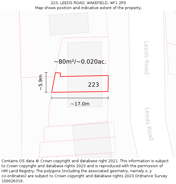 223, LEEDS ROAD, WAKEFIELD, WF1 2PS: Plot and title map