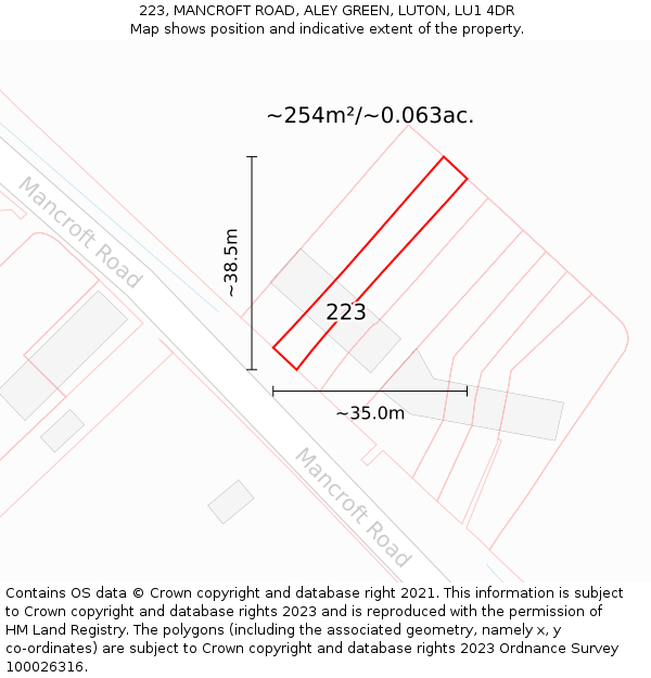 223, MANCROFT ROAD, ALEY GREEN, LUTON, LU1 4DR: Plot and title map