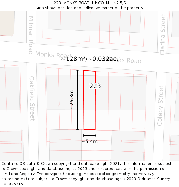 223, MONKS ROAD, LINCOLN, LN2 5JS: Plot and title map