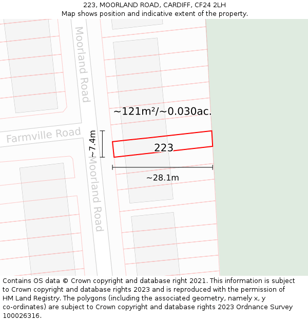 223, MOORLAND ROAD, CARDIFF, CF24 2LH: Plot and title map