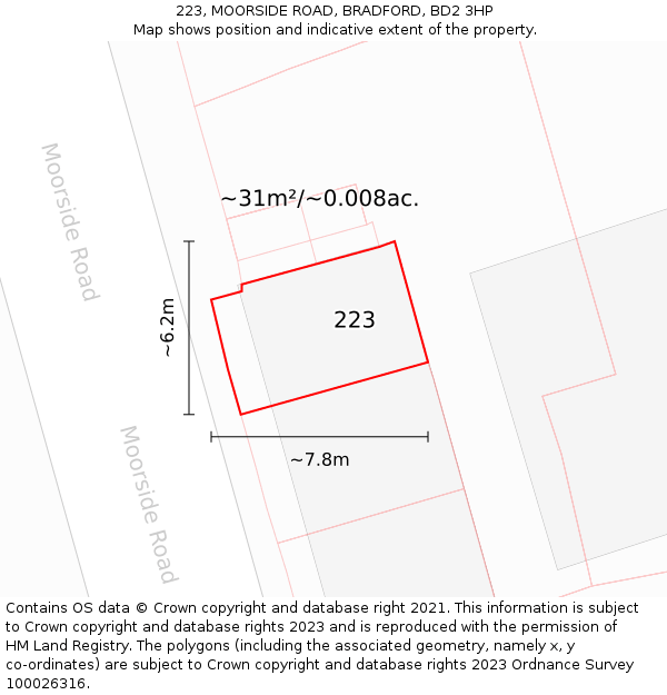 223, MOORSIDE ROAD, BRADFORD, BD2 3HP: Plot and title map