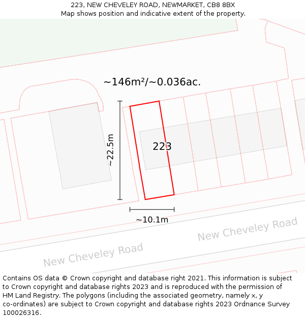 223, NEW CHEVELEY ROAD, NEWMARKET, CB8 8BX: Plot and title map