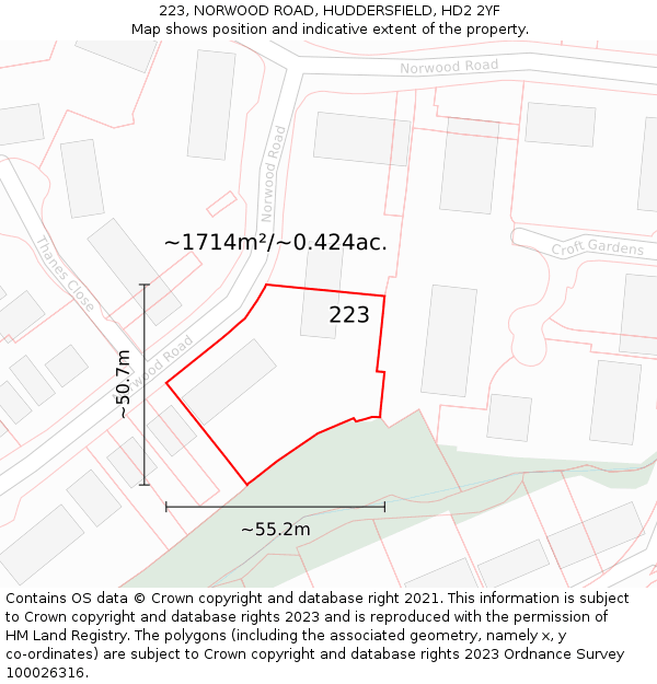 223, NORWOOD ROAD, HUDDERSFIELD, HD2 2YF: Plot and title map