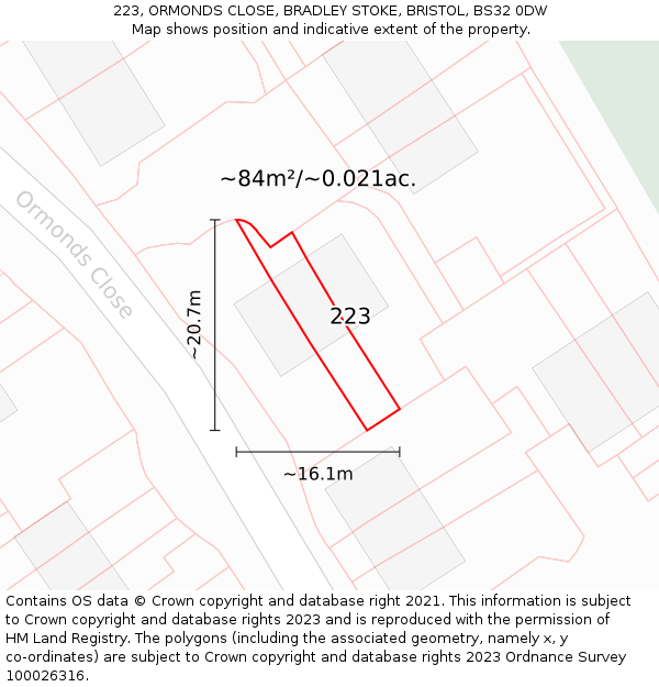 223, ORMONDS CLOSE, BRADLEY STOKE, BRISTOL, BS32 0DW: Plot and title map