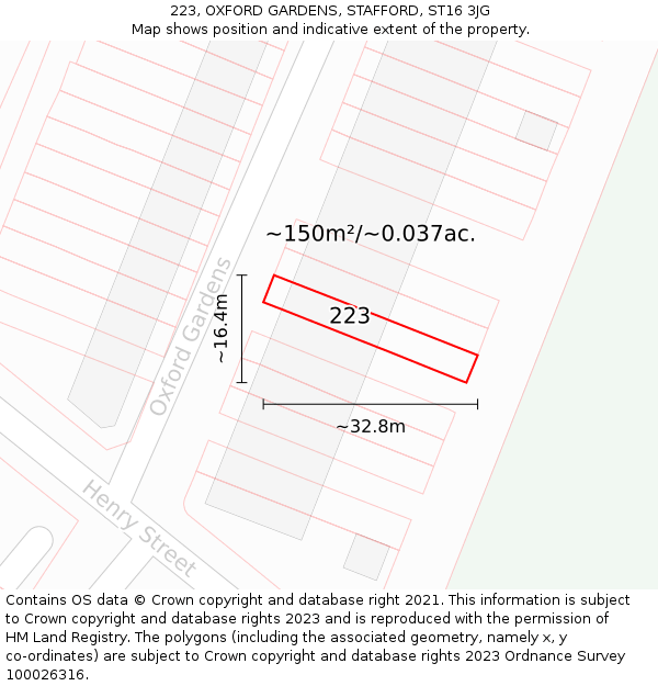223, OXFORD GARDENS, STAFFORD, ST16 3JG: Plot and title map