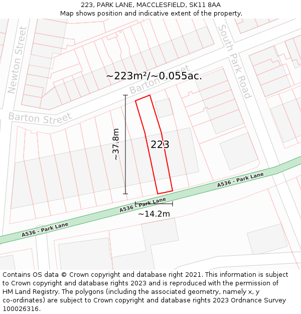 223, PARK LANE, MACCLESFIELD, SK11 8AA: Plot and title map