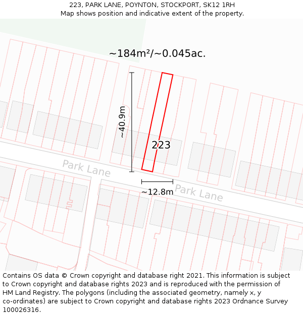 223, PARK LANE, POYNTON, STOCKPORT, SK12 1RH: Plot and title map