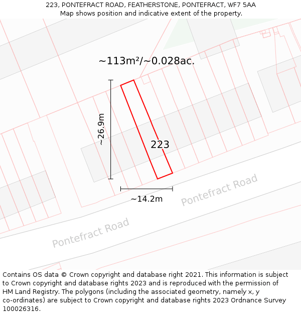 223, PONTEFRACT ROAD, FEATHERSTONE, PONTEFRACT, WF7 5AA: Plot and title map