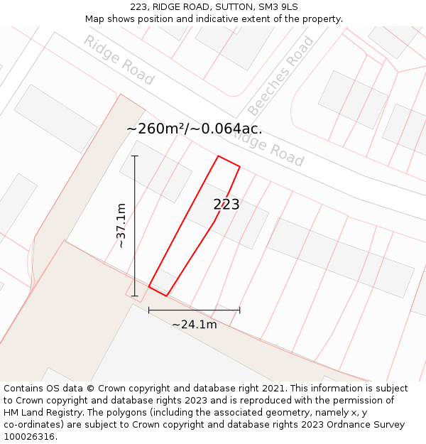 223, RIDGE ROAD, SUTTON, SM3 9LS: Plot and title map