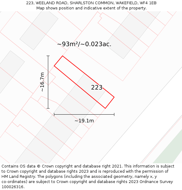 223, WEELAND ROAD, SHARLSTON COMMON, WAKEFIELD, WF4 1EB: Plot and title map