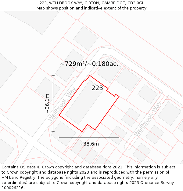 223, WELLBROOK WAY, GIRTON, CAMBRIDGE, CB3 0GL: Plot and title map