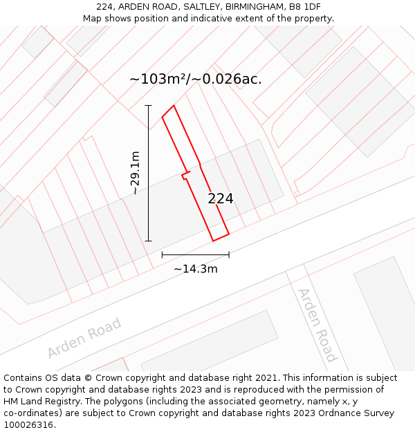 224, ARDEN ROAD, SALTLEY, BIRMINGHAM, B8 1DF: Plot and title map