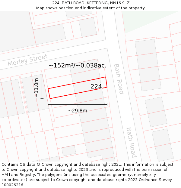 224, BATH ROAD, KETTERING, NN16 9LZ: Plot and title map