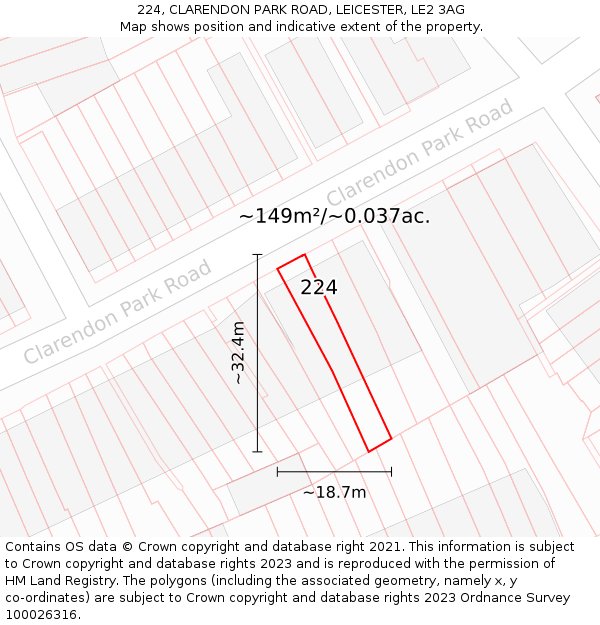 224, CLARENDON PARK ROAD, LEICESTER, LE2 3AG: Plot and title map