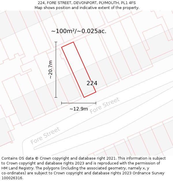 224, FORE STREET, DEVONPORT, PLYMOUTH, PL1 4FS: Plot and title map