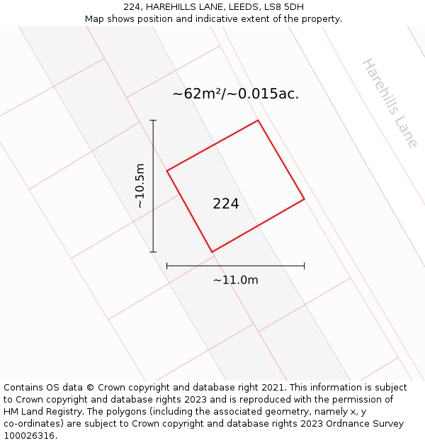 224, HAREHILLS LANE, LEEDS, LS8 5DH: Plot and title map