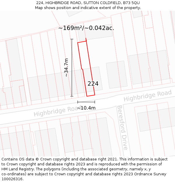 224, HIGHBRIDGE ROAD, SUTTON COLDFIELD, B73 5QU: Plot and title map