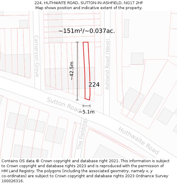 224, HUTHWAITE ROAD, SUTTON-IN-ASHFIELD, NG17 2HF: Plot and title map