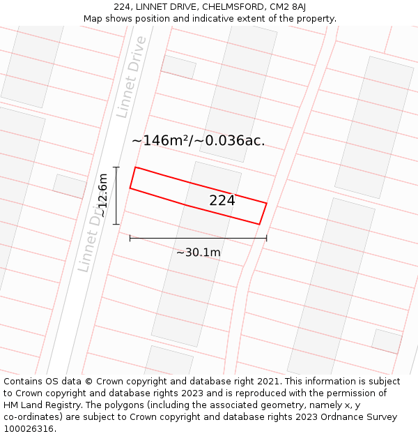 224, LINNET DRIVE, CHELMSFORD, CM2 8AJ: Plot and title map