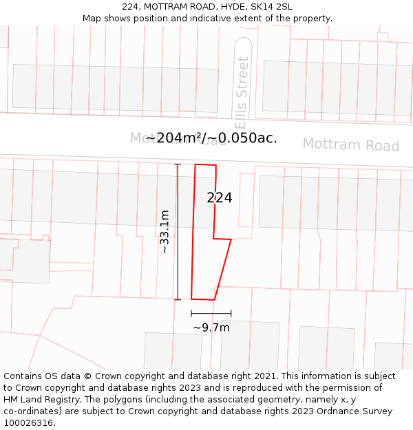 224, MOTTRAM ROAD, HYDE, SK14 2SL: Plot and title map