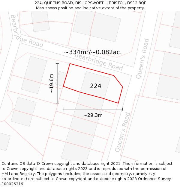 224, QUEENS ROAD, BISHOPSWORTH, BRISTOL, BS13 8QF: Plot and title map