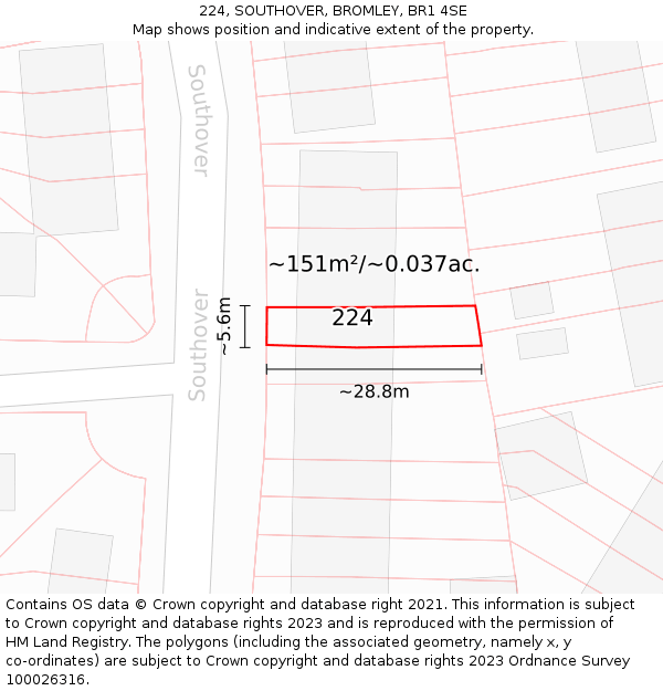 224, SOUTHOVER, BROMLEY, BR1 4SE: Plot and title map
