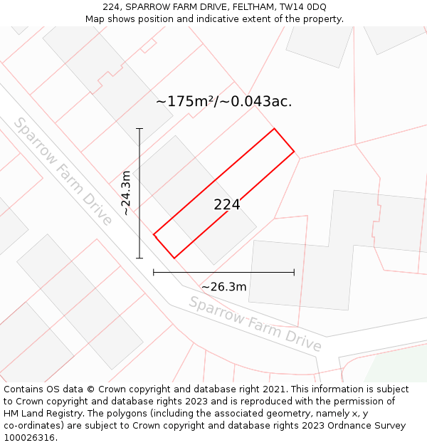 224, SPARROW FARM DRIVE, FELTHAM, TW14 0DQ: Plot and title map