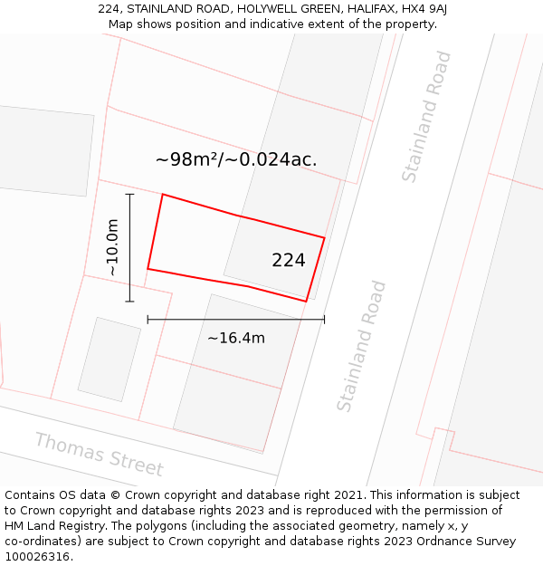 224, STAINLAND ROAD, HOLYWELL GREEN, HALIFAX, HX4 9AJ: Plot and title map