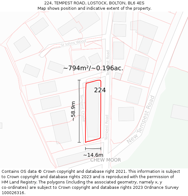 224, TEMPEST ROAD, LOSTOCK, BOLTON, BL6 4ES: Plot and title map