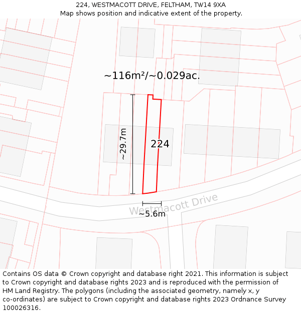 224, WESTMACOTT DRIVE, FELTHAM, TW14 9XA: Plot and title map