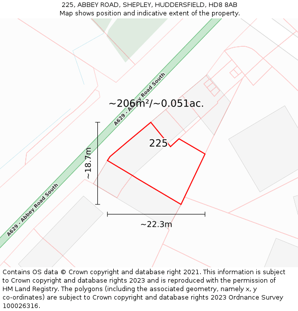 225, ABBEY ROAD, SHEPLEY, HUDDERSFIELD, HD8 8AB: Plot and title map
