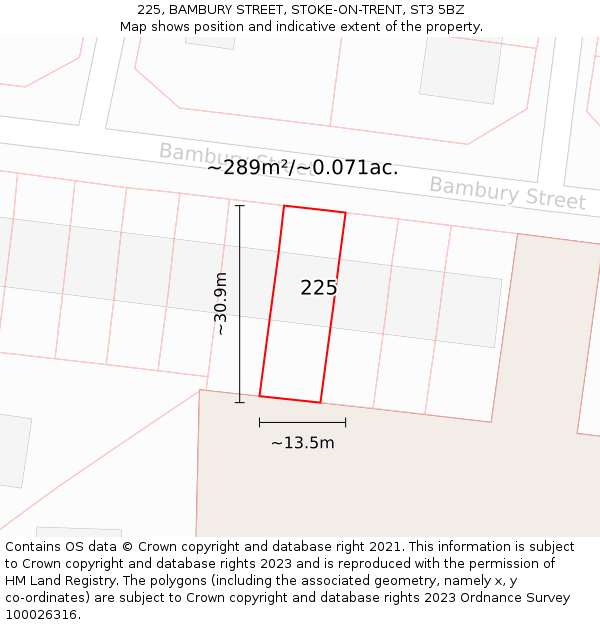 225, BAMBURY STREET, STOKE-ON-TRENT, ST3 5BZ: Plot and title map