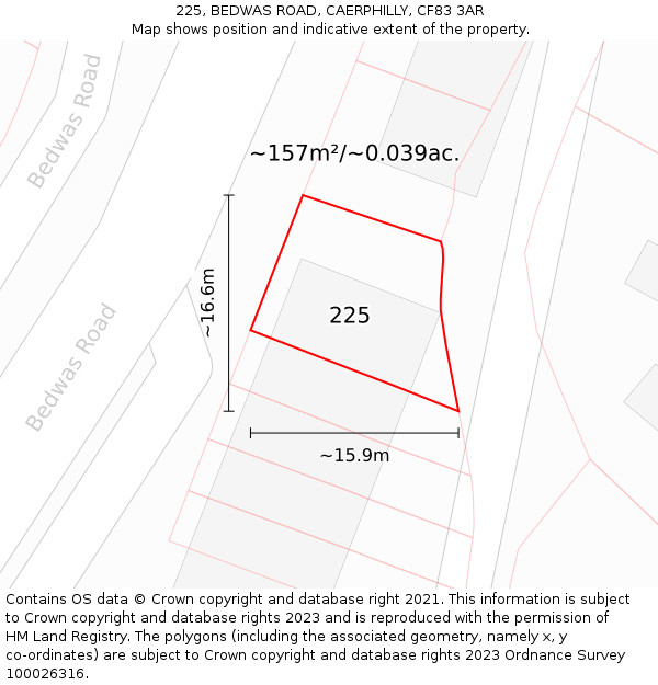 225, BEDWAS ROAD, CAERPHILLY, CF83 3AR: Plot and title map