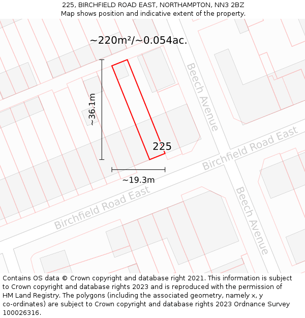 225, BIRCHFIELD ROAD EAST, NORTHAMPTON, NN3 2BZ: Plot and title map
