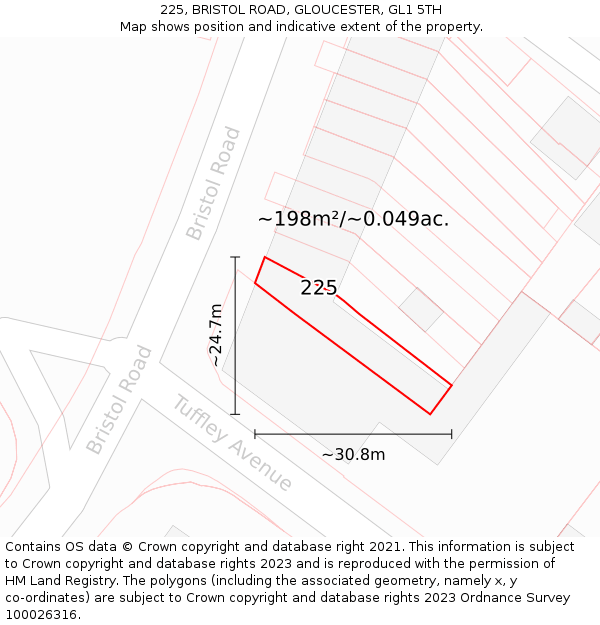 225, BRISTOL ROAD, GLOUCESTER, GL1 5TH: Plot and title map