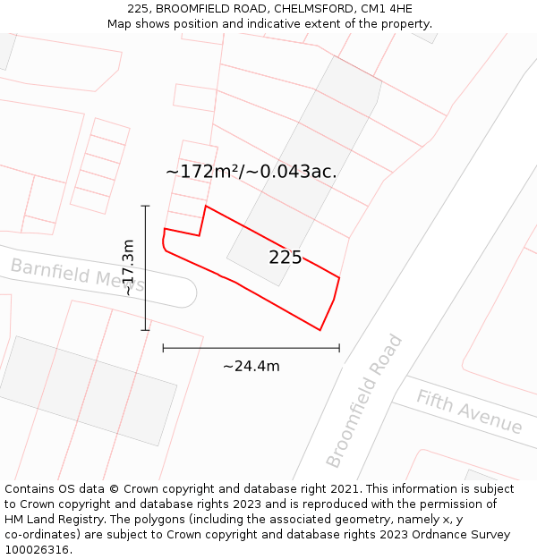 225, BROOMFIELD ROAD, CHELMSFORD, CM1 4HE: Plot and title map