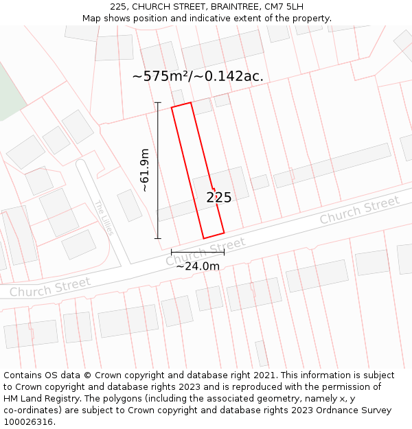225, CHURCH STREET, BRAINTREE, CM7 5LH: Plot and title map