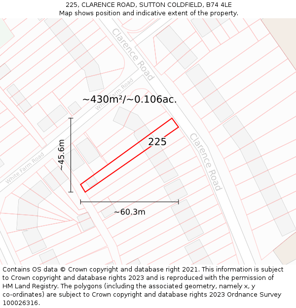 225, CLARENCE ROAD, SUTTON COLDFIELD, B74 4LE: Plot and title map