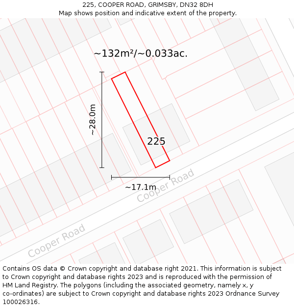 225, COOPER ROAD, GRIMSBY, DN32 8DH: Plot and title map