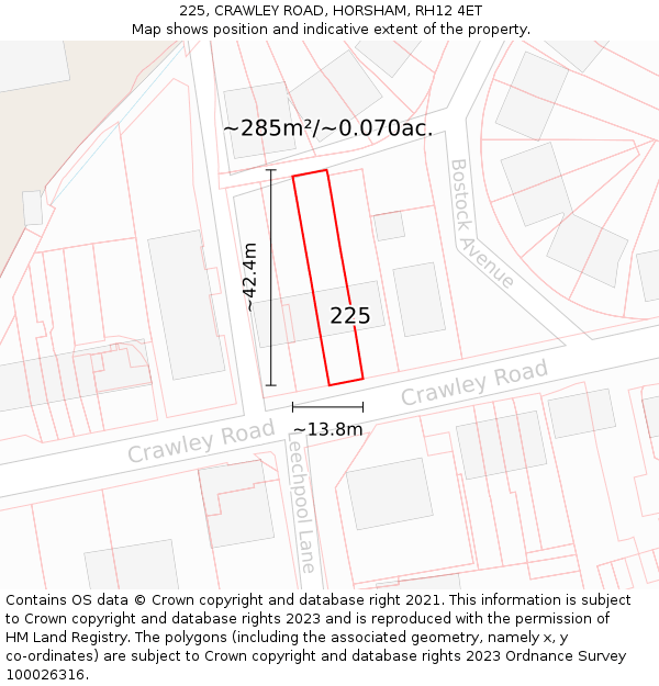 225, CRAWLEY ROAD, HORSHAM, RH12 4ET: Plot and title map