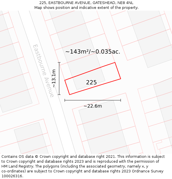 225, EASTBOURNE AVENUE, GATESHEAD, NE8 4NL: Plot and title map